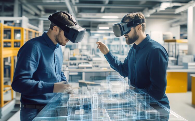 Two men wearing VR headsets are collaborating in a factory setting. Two men wearing VR headsets are collaborating in a factory setting.