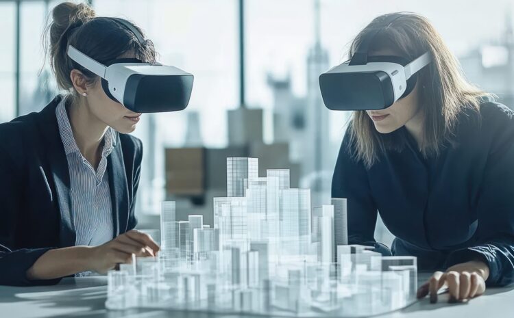 Two women wearing VR headsets, interacting with a city model in an office. Male and Female Architects Wearing Augmented Reality Headsets Work with 3D City Model. High Tech Office Professional People Use Virtual Reality Modeling Software Application --ar 16:7 --style raw --stylize 250 --v 6.1 Job ID: 37980b8e-2e9f-4b0a-a9b7-f5639d4cd391